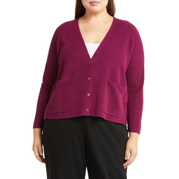 EILEEN FISHER Sz XL Organic Linen Cotton Cardigan Cranberry V Neck Knit Sweater - Picture 1 of 6
